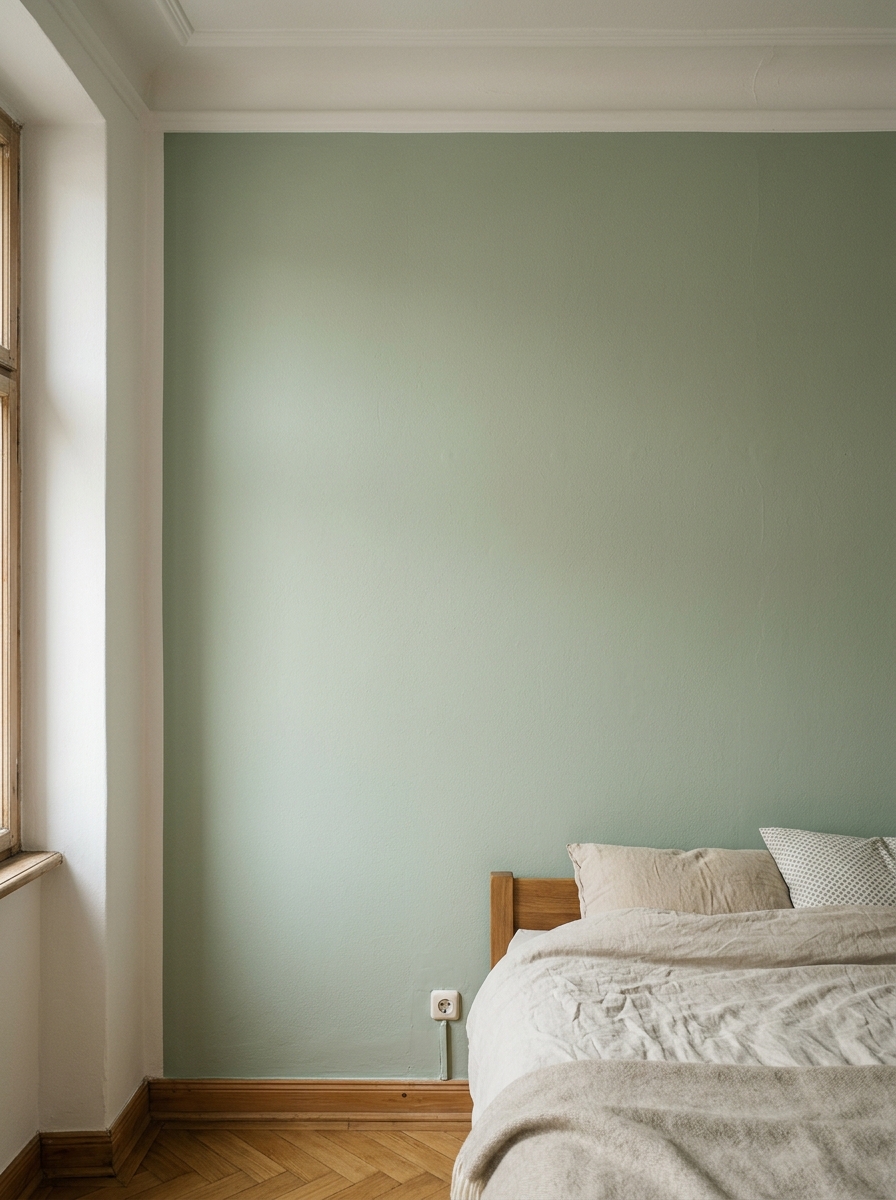 Ruhiges, frisch gestrichenes Schlafzimmer in sanftem Salbeigrün